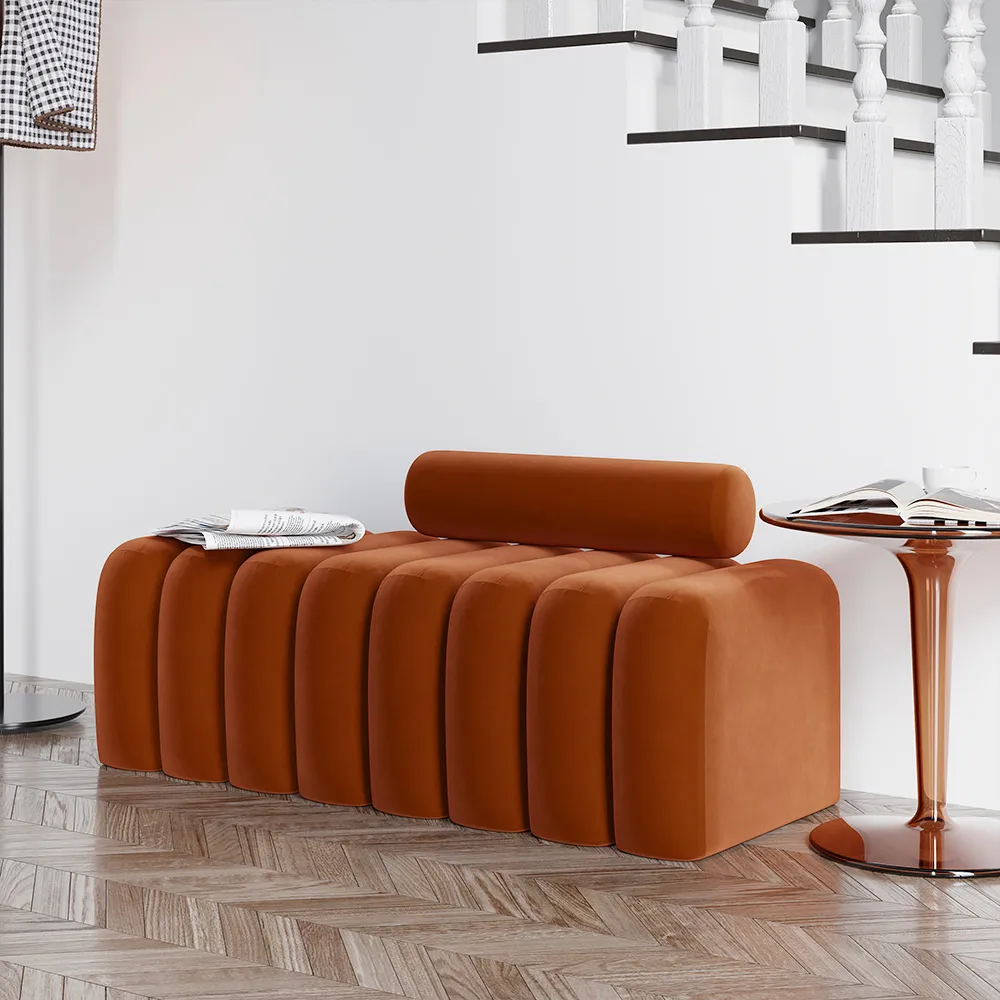 Modern Line Tufted Entryway Bench Upholstered Bench with Round Back