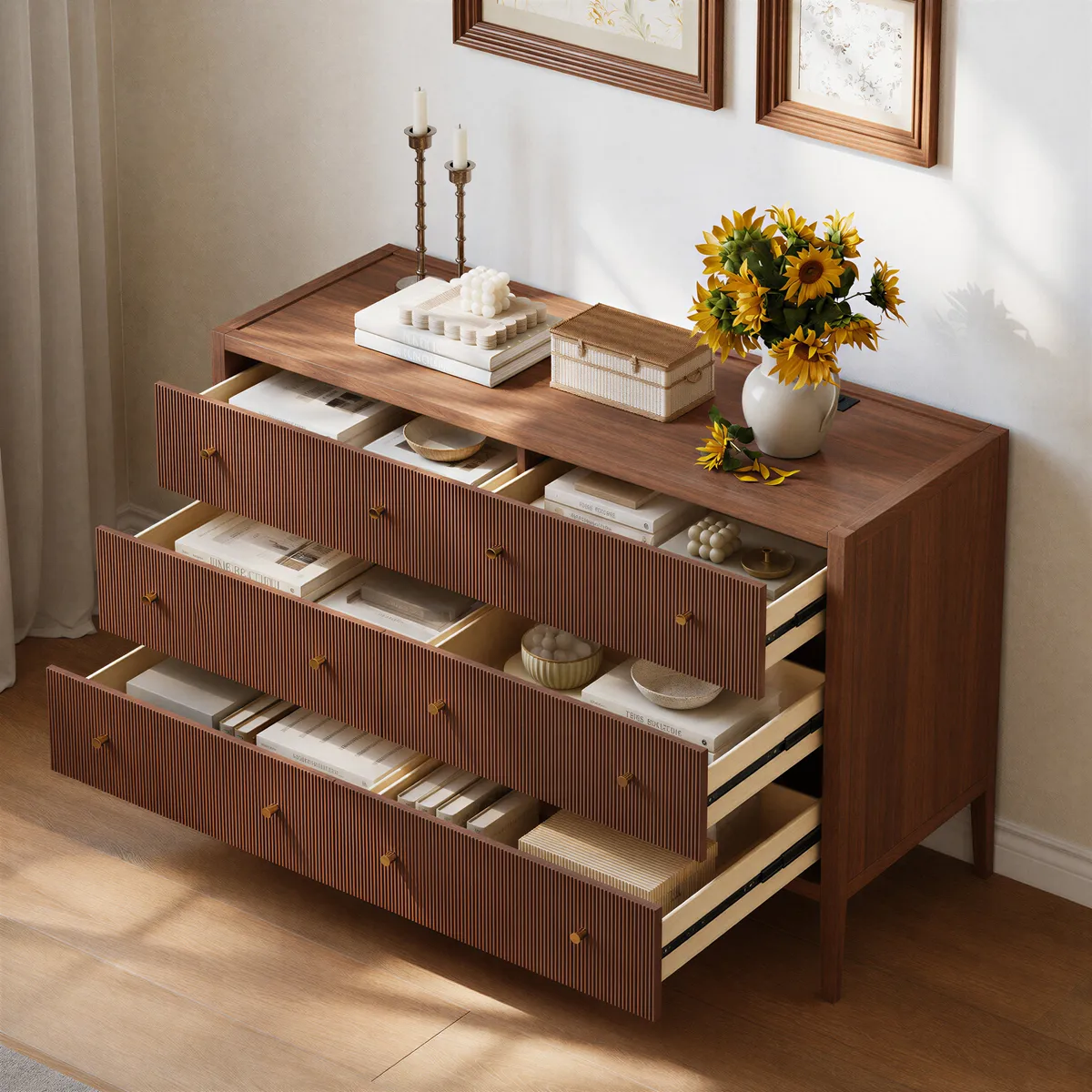 47" Fluted Natural 6-Drawer Dresser with Charging Station — image 13