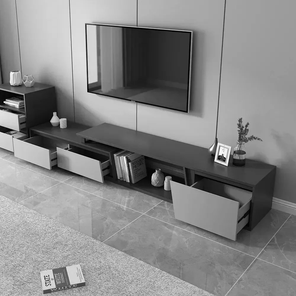 Set of 2 Gray Extendable 3 Drawers TV Stand & Lift-Top Coffee Table Set Up — image 6