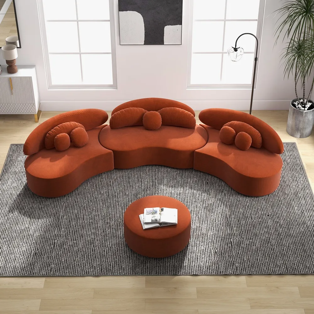 Modern 7 Seat Sectional Sofa Curved Modular Beige Velvet Upholstered with Ottoman — image 25