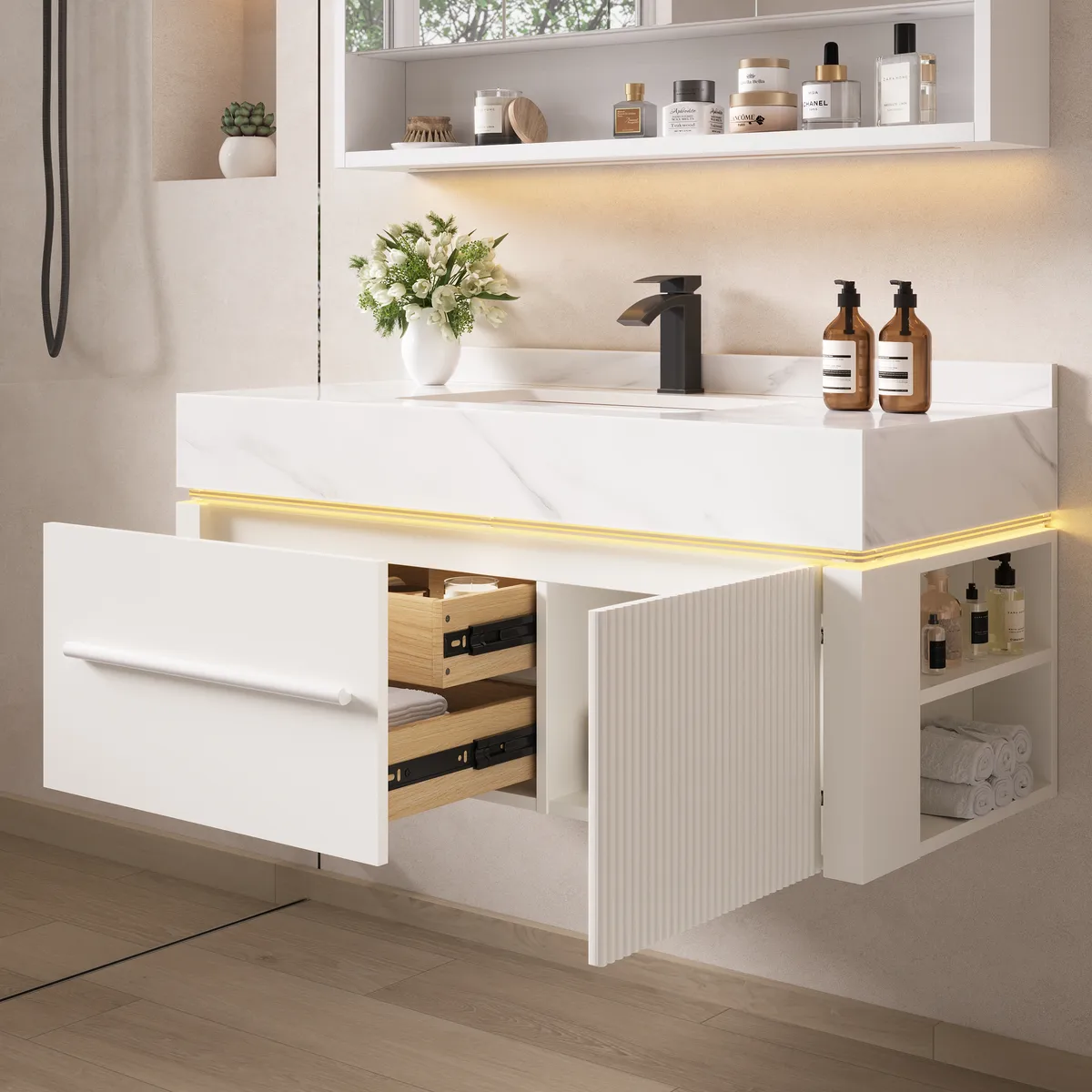 39.4" Wall-Mounted Bathroom Vanity with Sintered Stone Top, LED Sensor Light — image 4