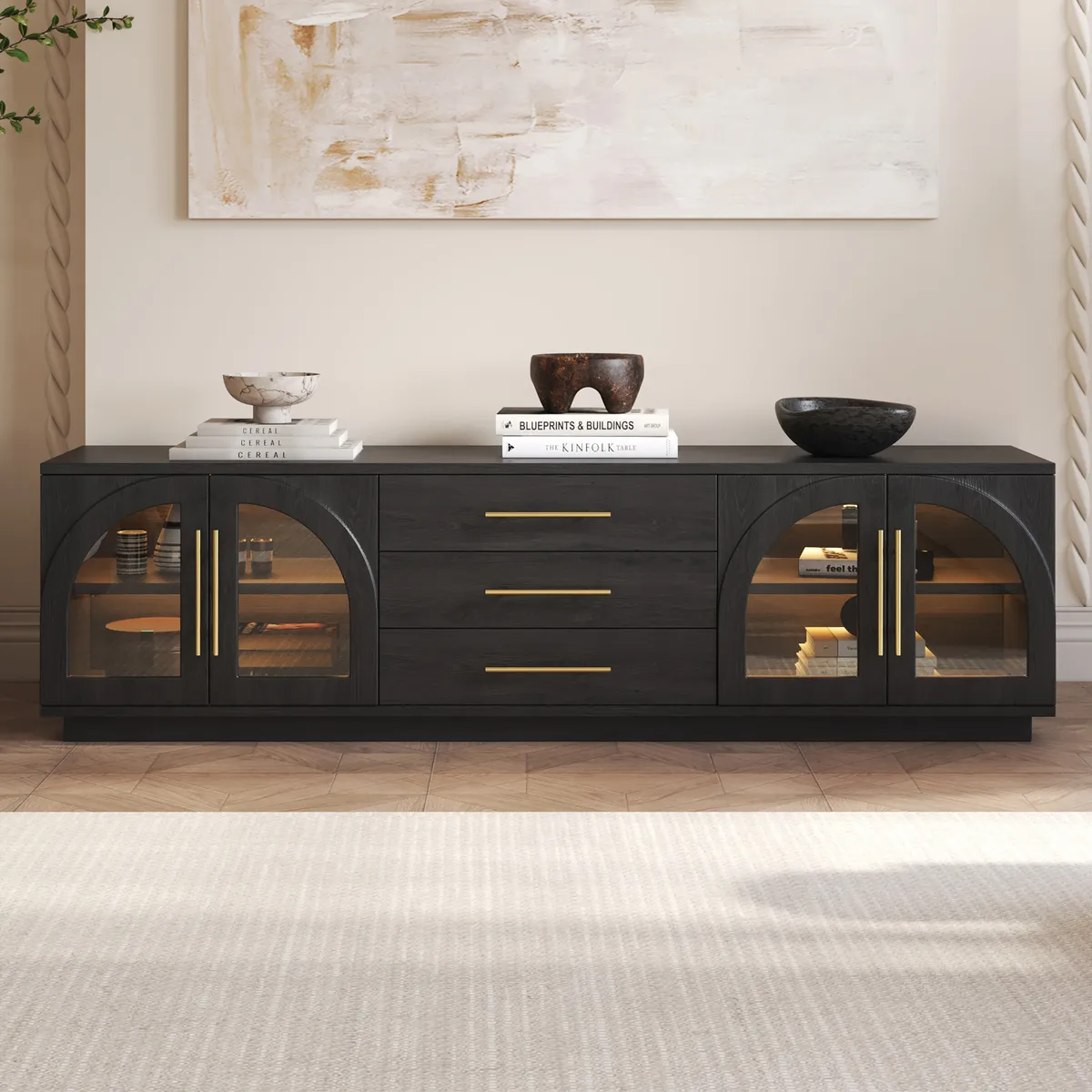 Arune 72" Arched Glass Doors Smoked Brown TV Stand with Storage and LED