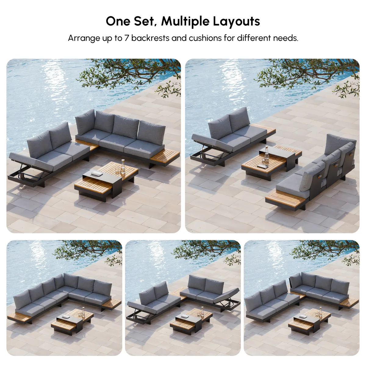 Tevara 47" 5-Pieces Modular Teak Outdoor Sofa Set with Smokeless Fire Pit for 6 Person — image 16