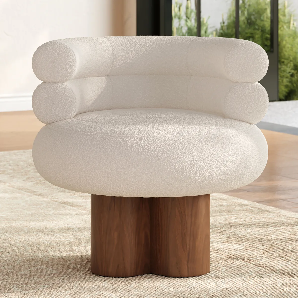 Swivel Solid Wood Base Accent Chair Boucle Armchair for Living Room in White (28" Wide) — image 7
