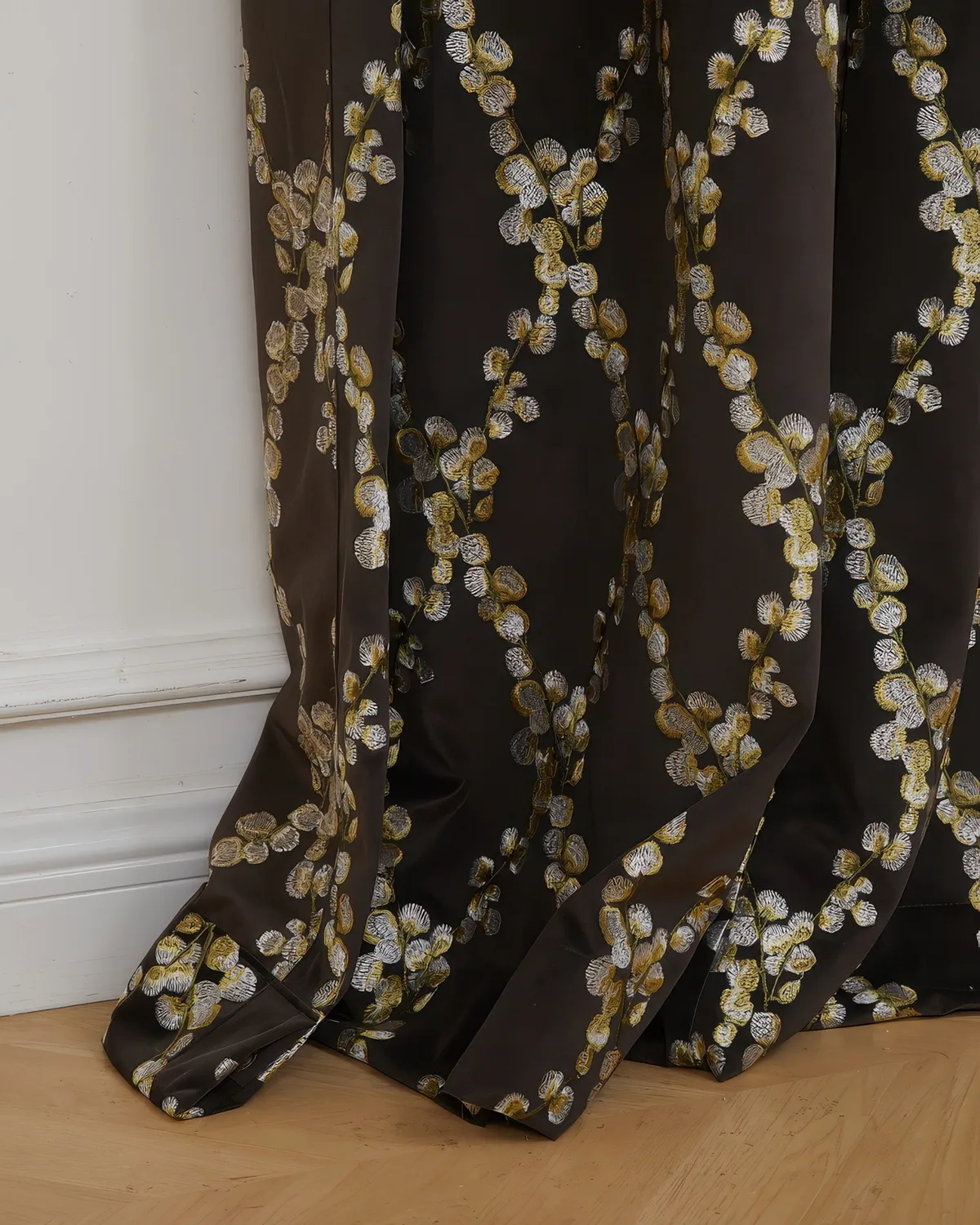 Flora 39 x 125 inch Double French Pinch Pleat Black Velvet Emboidered Floral Pattern Curtain — image 4