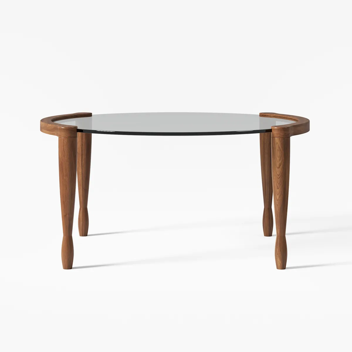 Mid Century Modern Glass and Walnut Round Coffee Table with Wood Legs — image 5