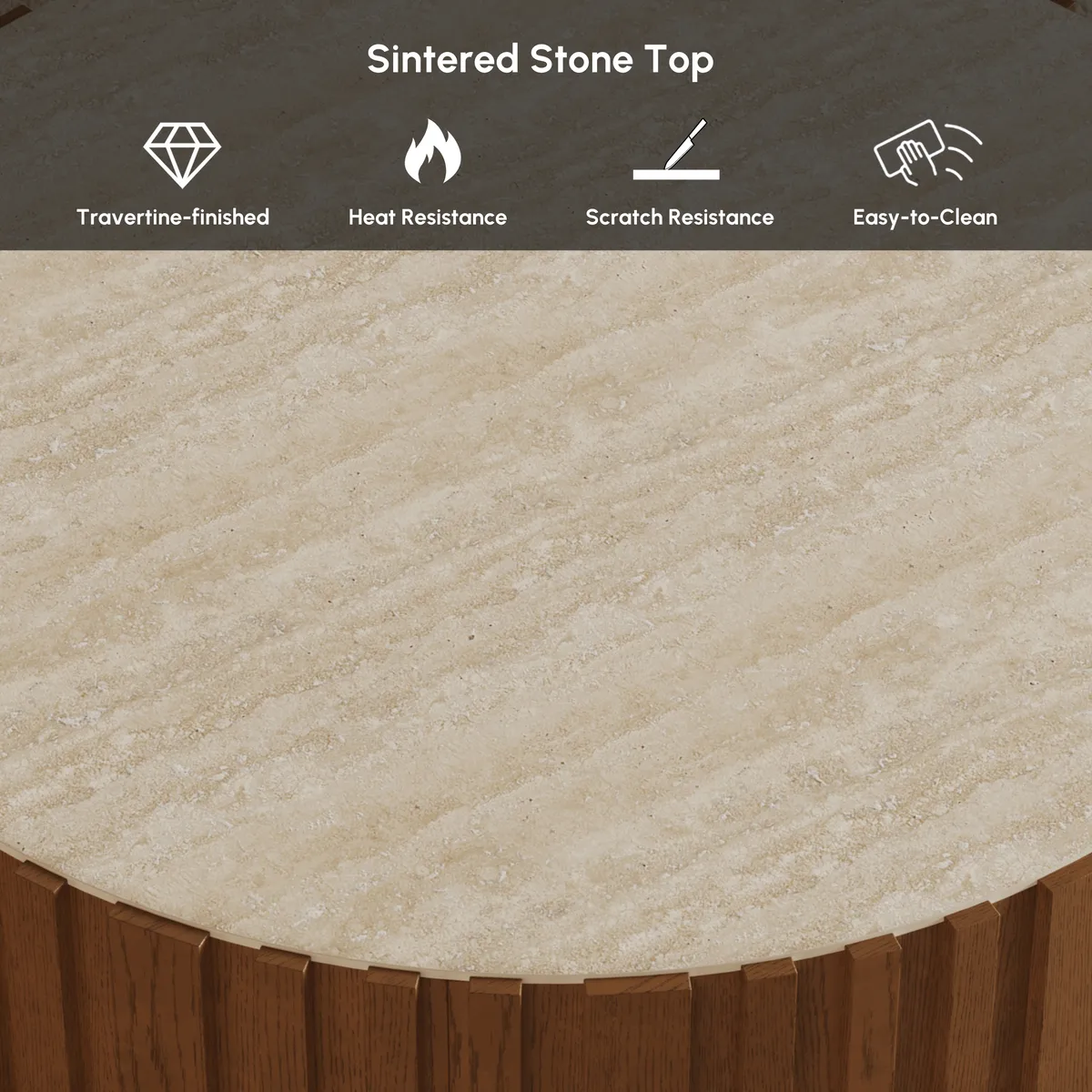 Aura 35" Ash Wood Slatted Round Coffee Table with Sintered Stone Top — image 16