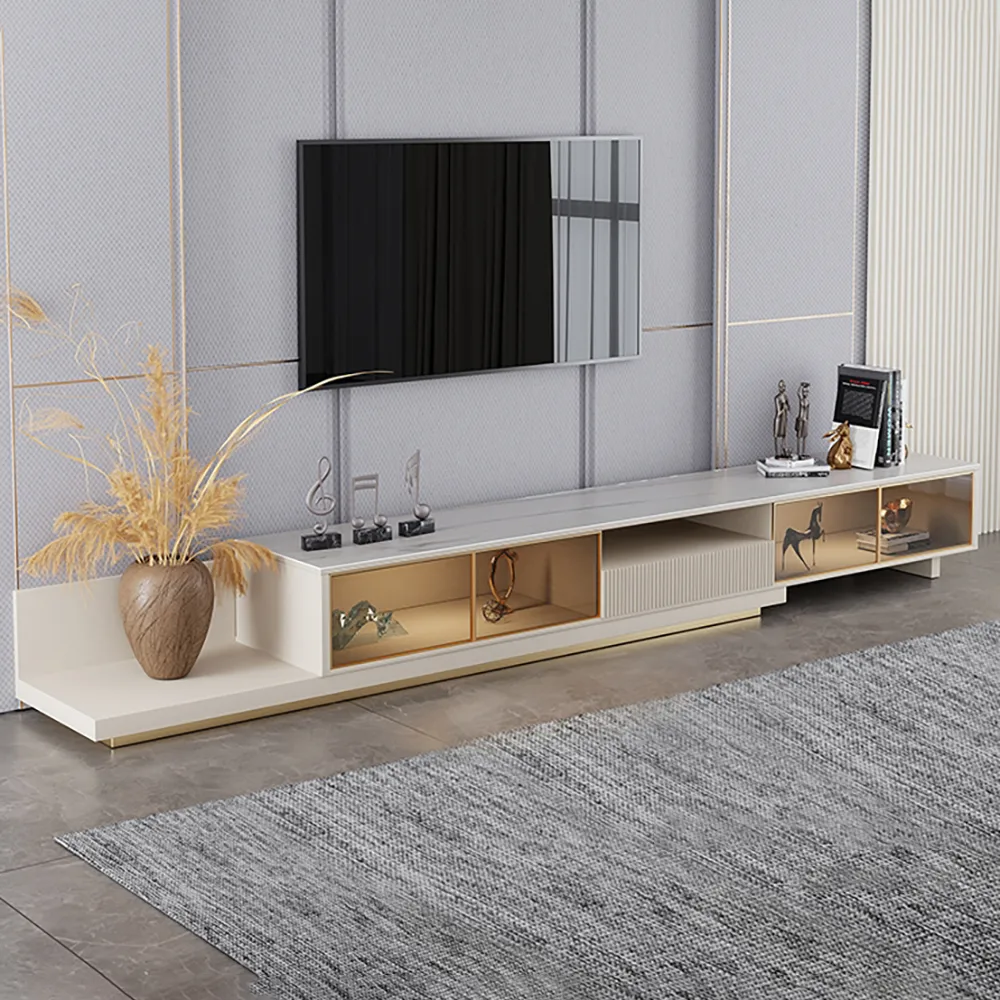 LED Light Extendable TV Stand Light Khaki Floor Media Console with Glass Door & Drawers