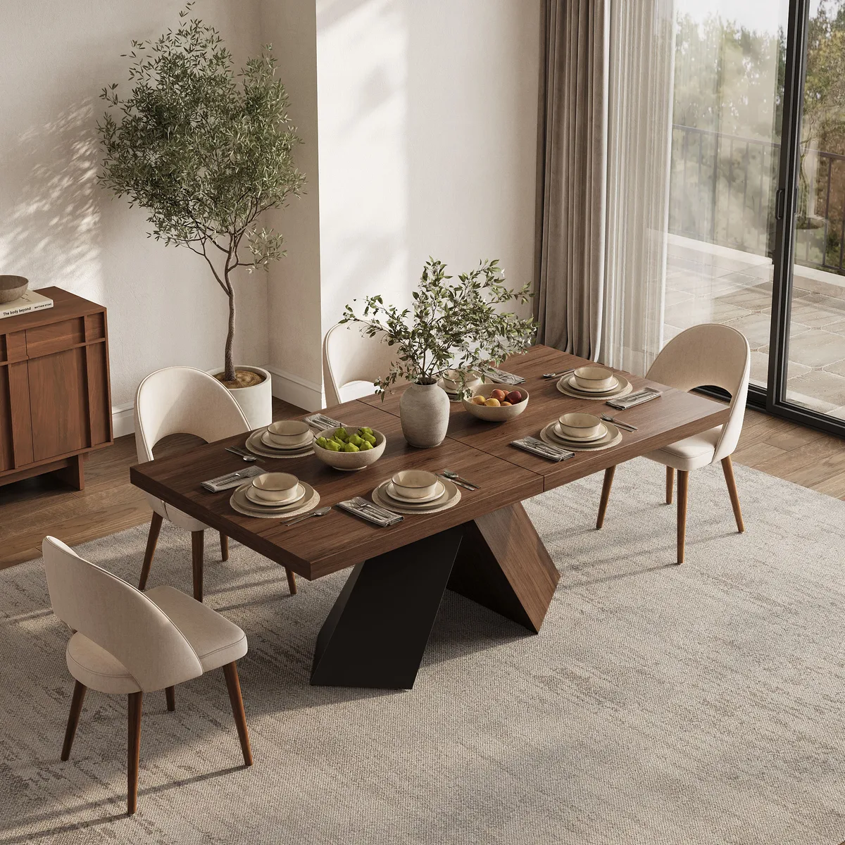 63"-79" Extendable Walnut Dining Table Modern Farmhouse Rectangle 4-6 Seater Pedestal — image 22