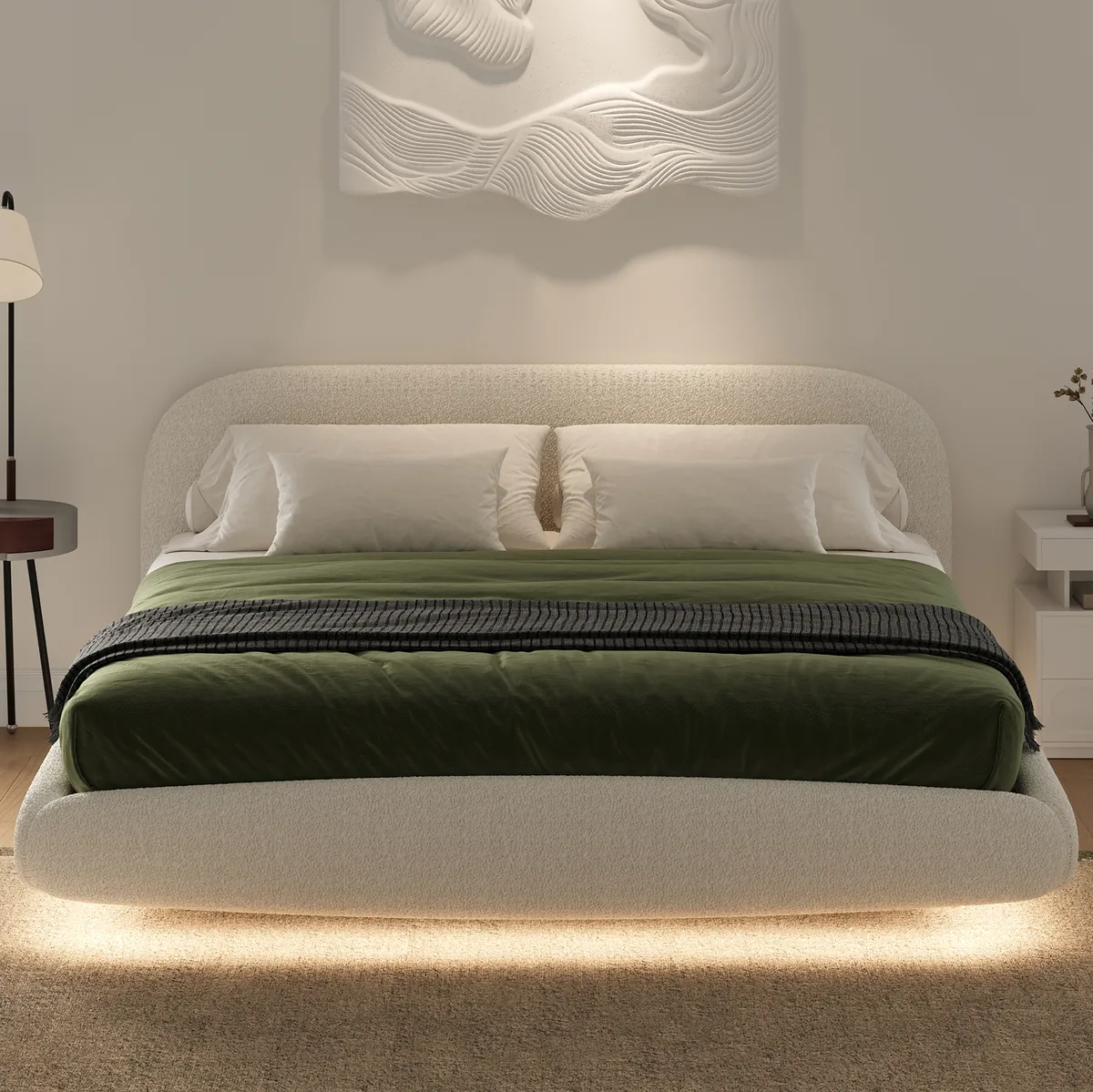 King Size Boucle Upholstered Floating Bed Frame with Light — image 6