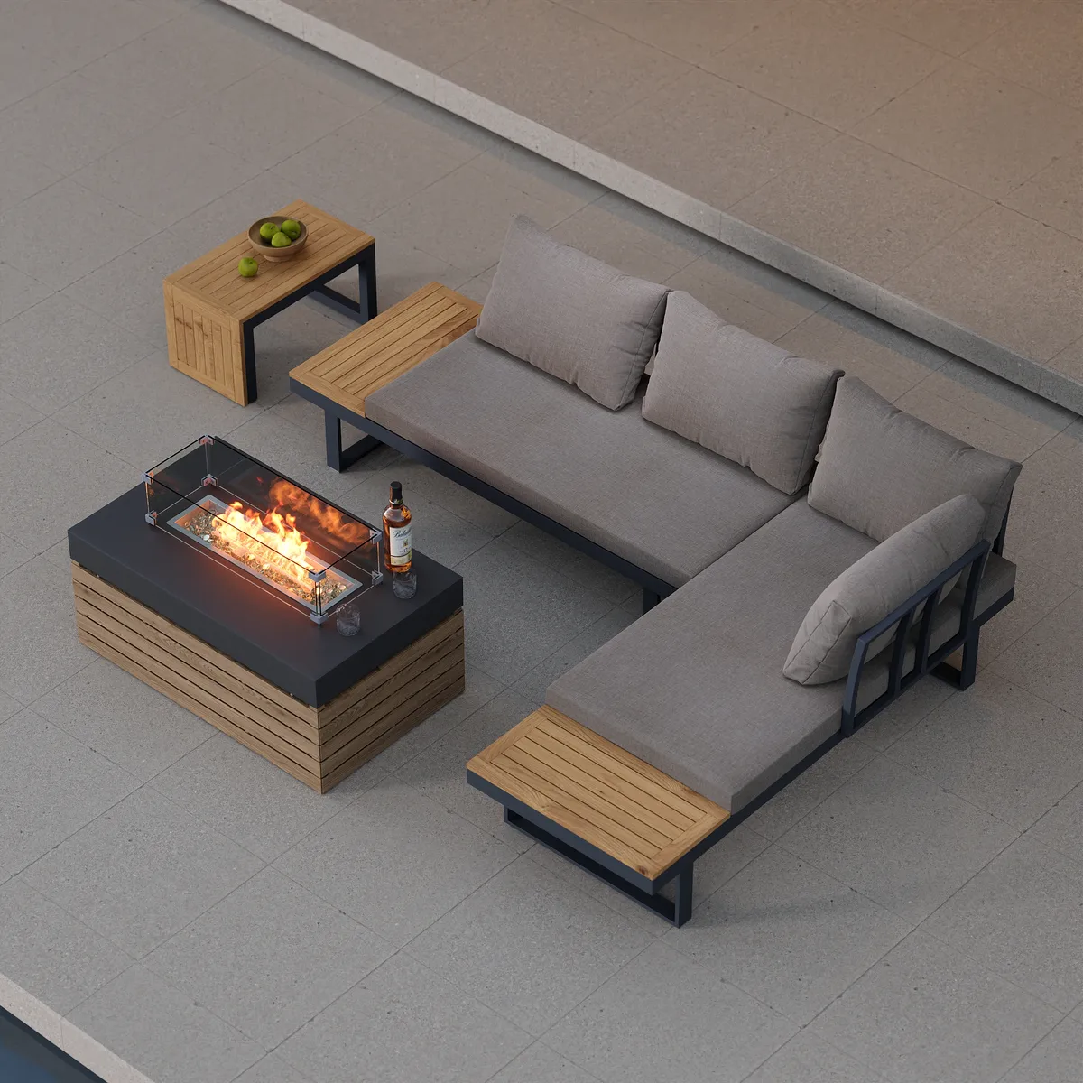 4PCS Modular L-Shaped Outdoor Sectional Sofa Set with Smokeless Fire Pit Table Yard& Garden Furniture for 4 Person in Gray Cushion Included