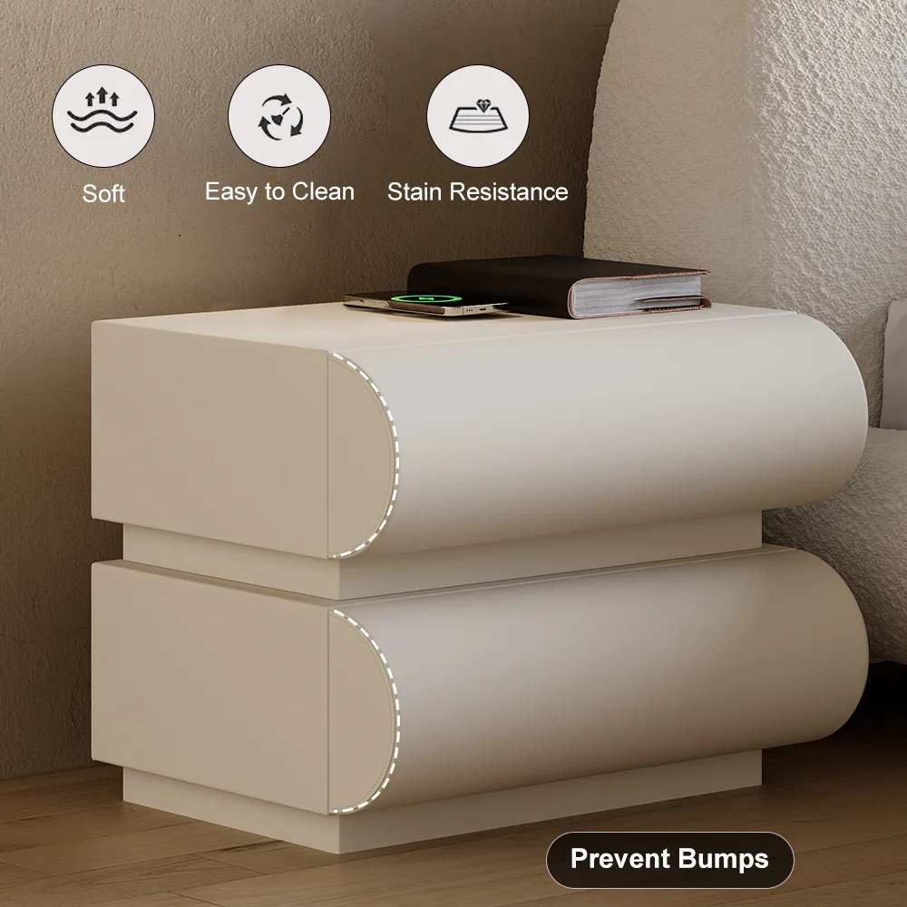 White Leather Smart Nightstand with Wireless Charger Bedside Table with USB & Type-C Ports King Size Boucle Upholstered Floating Bed Frame with Light — image 9