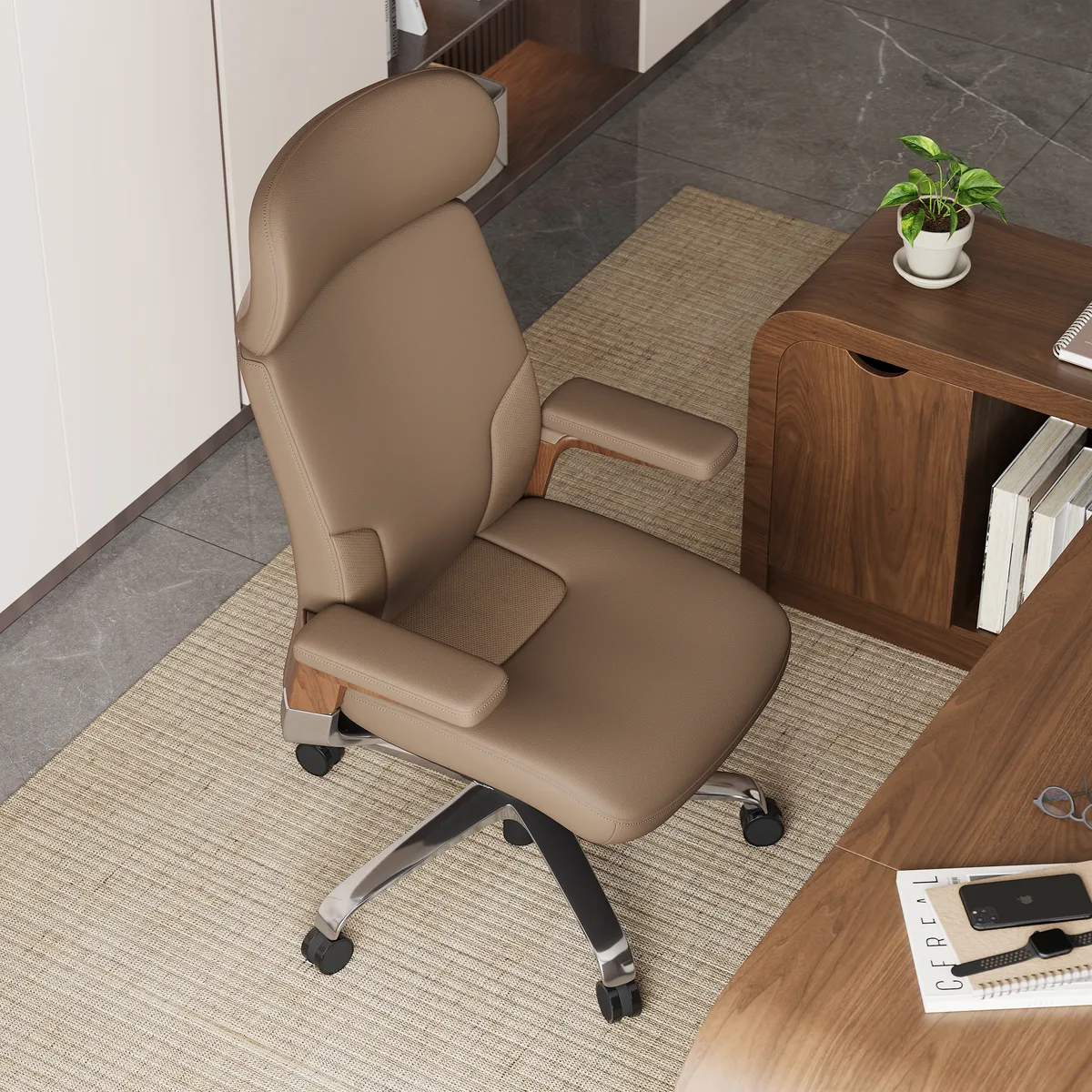 Black Genuine Leather Swivel Office Chair with Ergonomic Synchro-Tilt Recline System — image 23