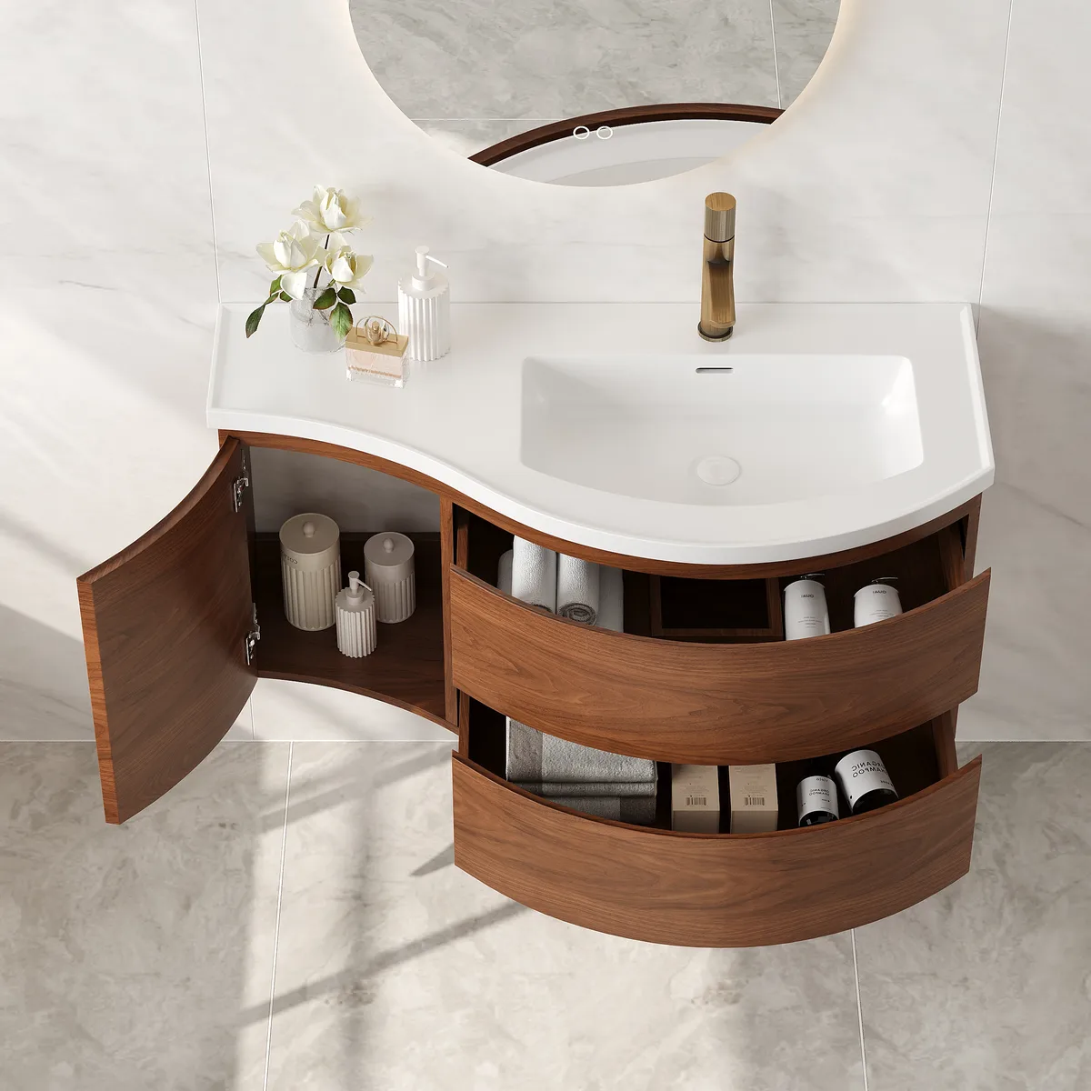 35" Floating Curved Bathroom Vanity Half-Circle Bathroom Cabinet — image 5