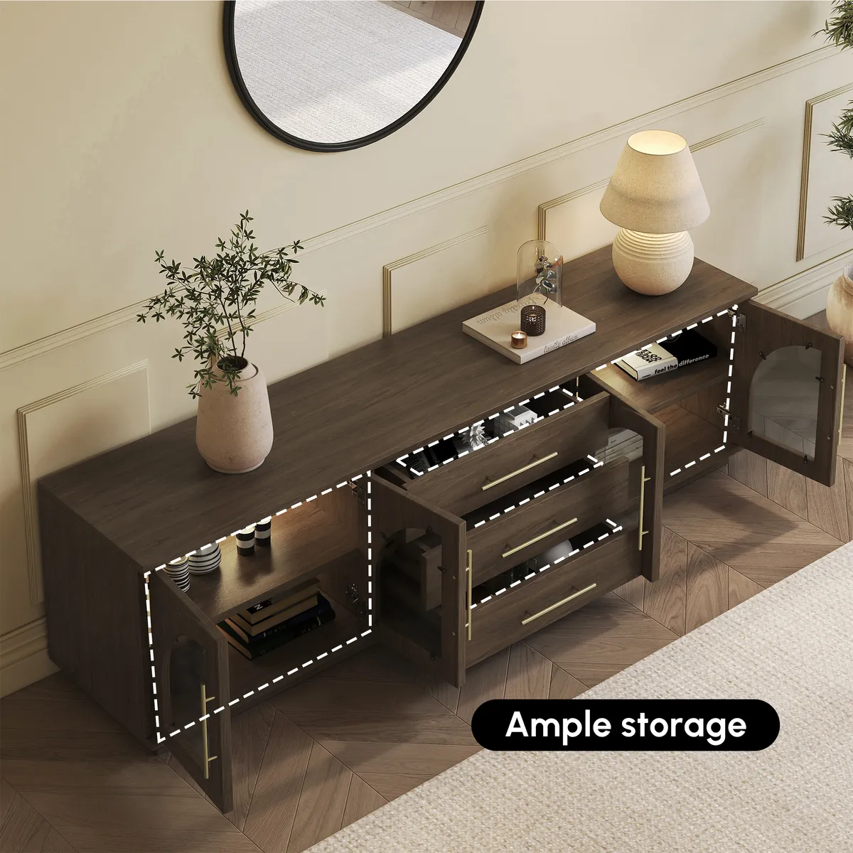 Arune 72" Arched Glass Doors Smoked Brown TV Stand with Storage and LED — image 8