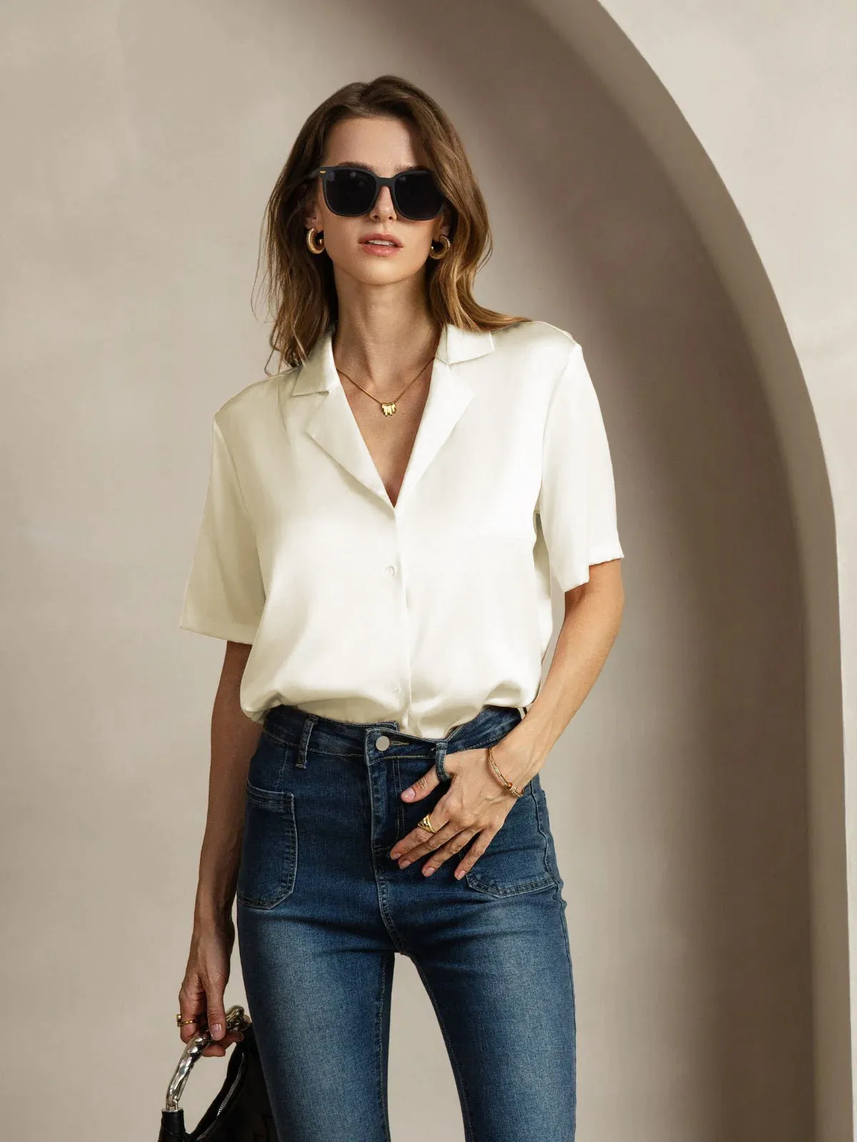 19Momme Silk Short Sleeve Notched Lapel Women's Shirt with Button Up Design — image 5