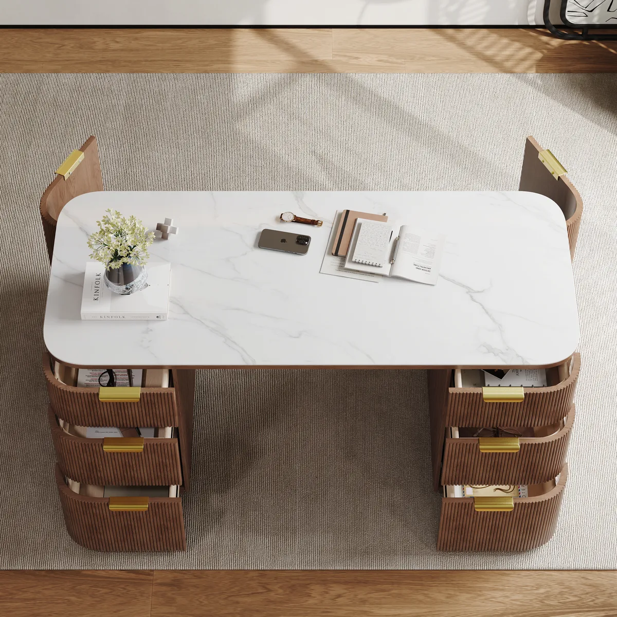 Walnut Ash Wood & Sintered Stone Rectangle Desk with 6 Drawers (63.8") — image 15