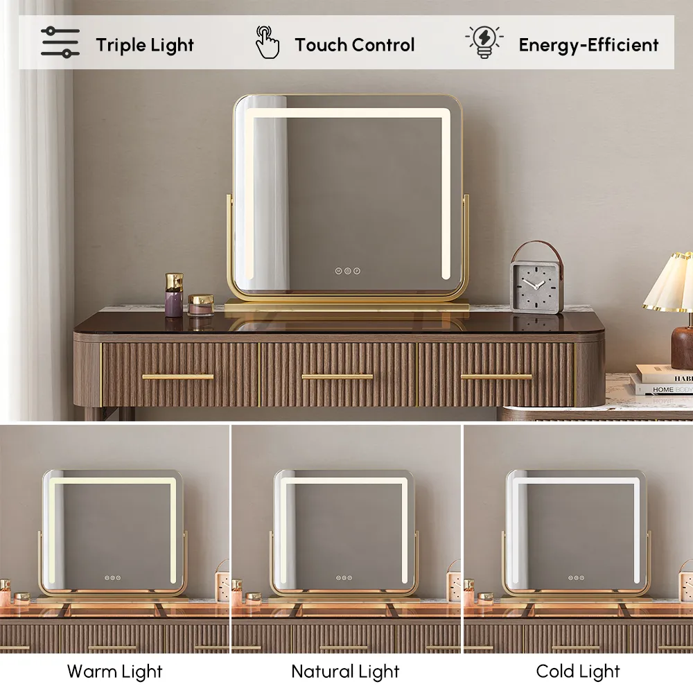 White Makeup Vanity Set with Lighted Mirror & Stool Mid Century Modern Dressing Table with Glass Top — image 5