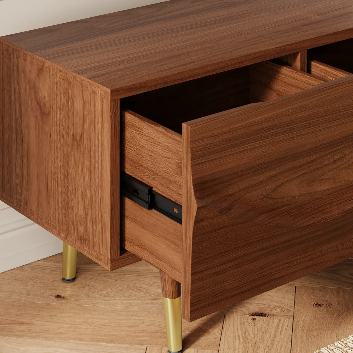 Lake Mid Century TV Stand with Wavy Design Walnut Storage 4 Drawers for TVs Up — image 5