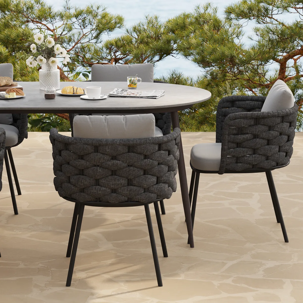 Set of 2 Modern Dark Gray Aluminum Rattan Outdoor Dining Chairs with Armrests – Durable & Weather-Resistant for Patios, Gardens, or Balconies — image 3
