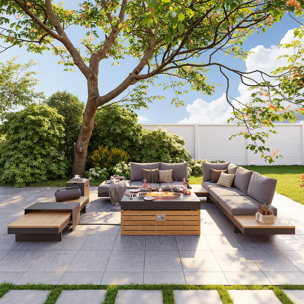 Tevara 47" 5-Pieces Modular Teak Outdoor Sofa Set with Smokeless Fire Pit for 6 Person — image 15
