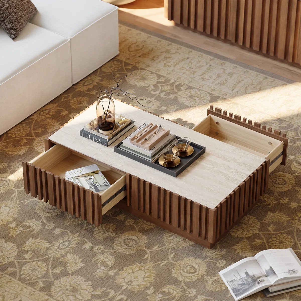 Aura 47" Ash Wood Slatted Coffee Table with Sintered Stone Top — image 13