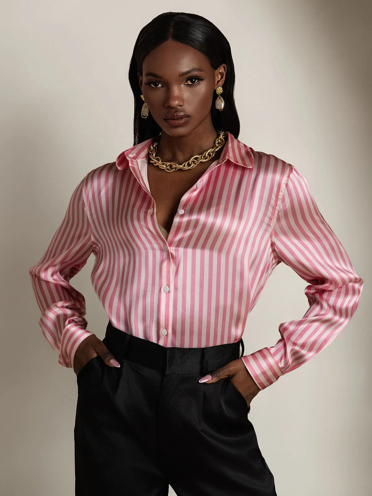 19Momme Silk Stripe Print Long Sleeve Lapel Collar Women's Shirt — image 5