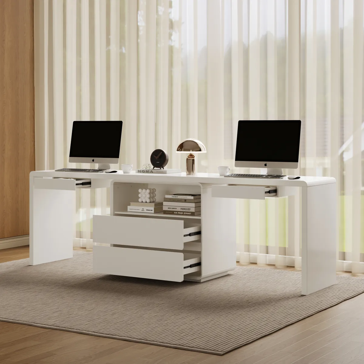 White Double Desk with Drawers & 2 Ivory PU Leather Modern Home Office Chairs — image 14