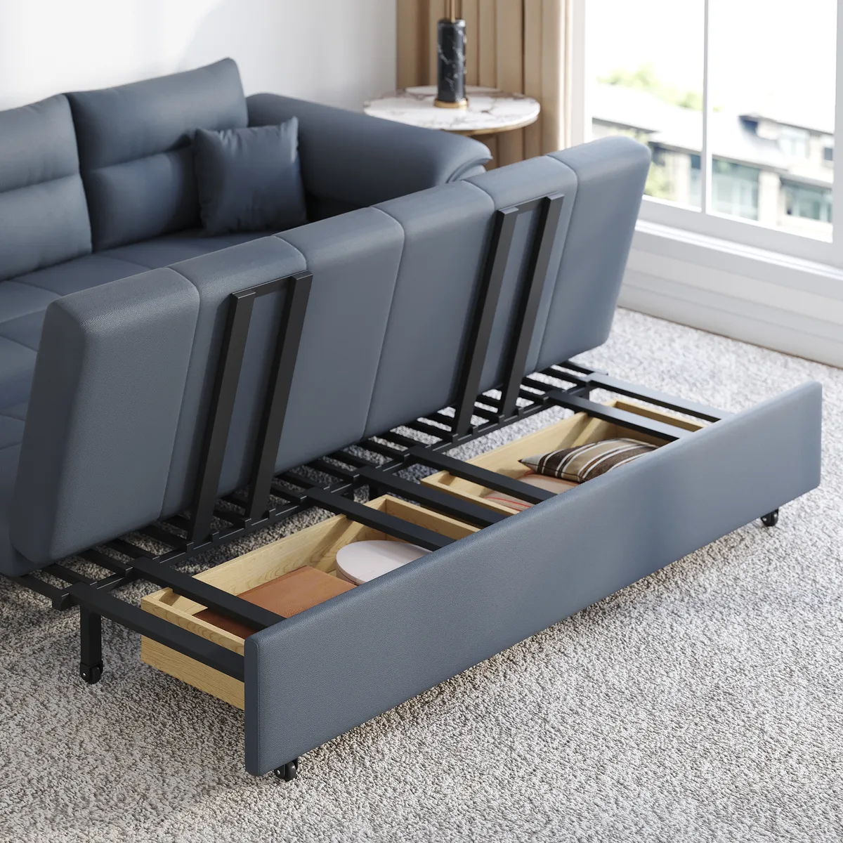 Leather Queen Size Sleeper Sofa with Trundle Pull Out Sofa Bed — image 7