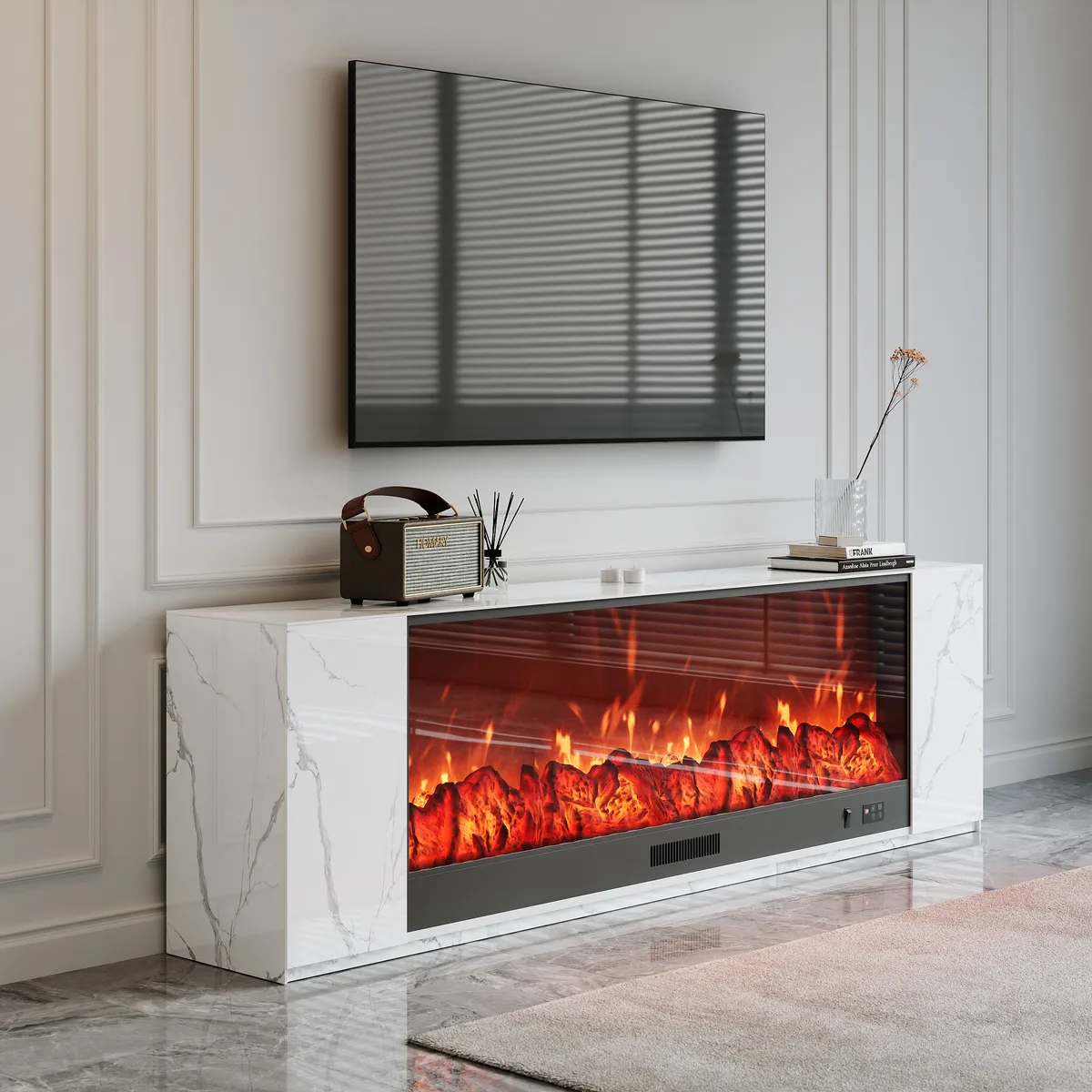 87" Modern White Marble Veneer Sintered Stone Electric Fireplace TV Stand with Remote Control Temperature Adjustable Coffee Table Set — image 4