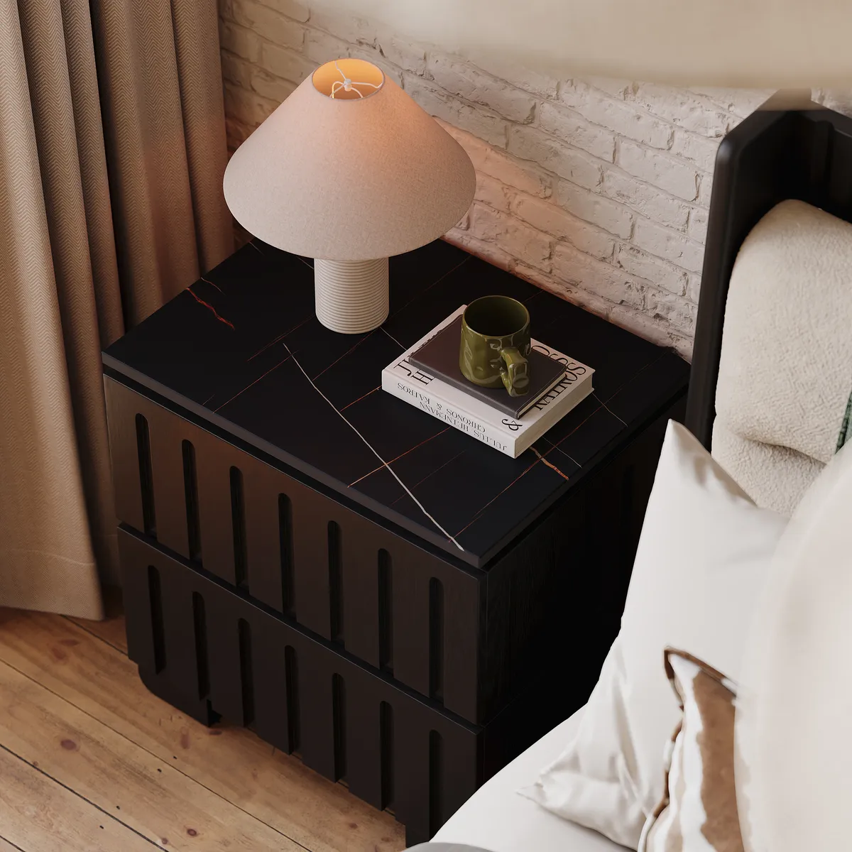 Modern Ash Wood 2-Drawer Nightstand with Faux Travertine Top — image 15