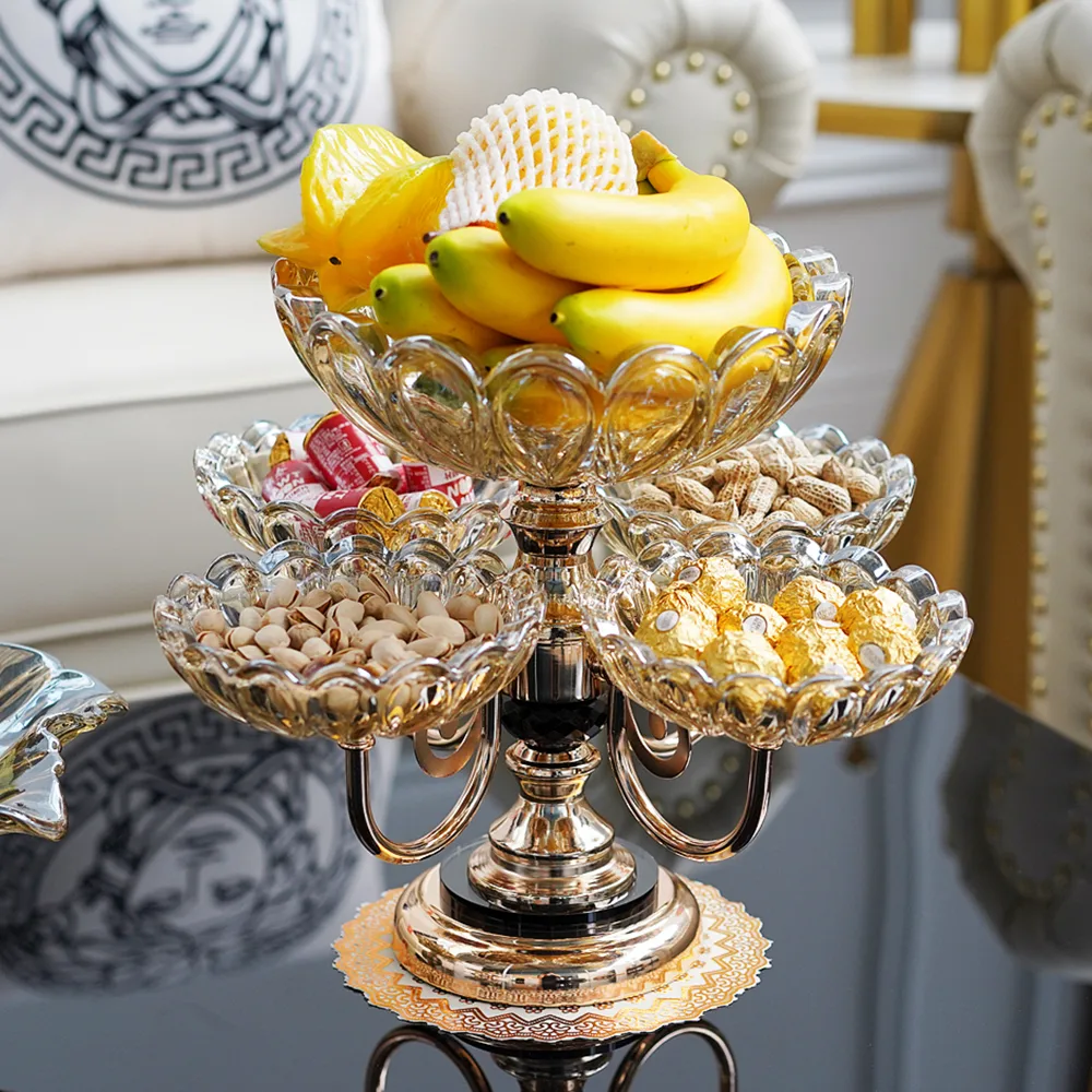 Rotating Glass Fruit Bowl – Multi-Tiered Storage with Gold Base