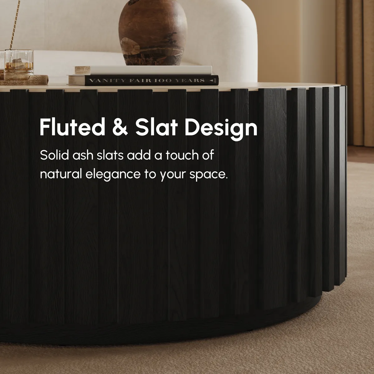 Aura 35" Ash Wood Slatted Round Coffee Table with Sintered Stone Top — image 7