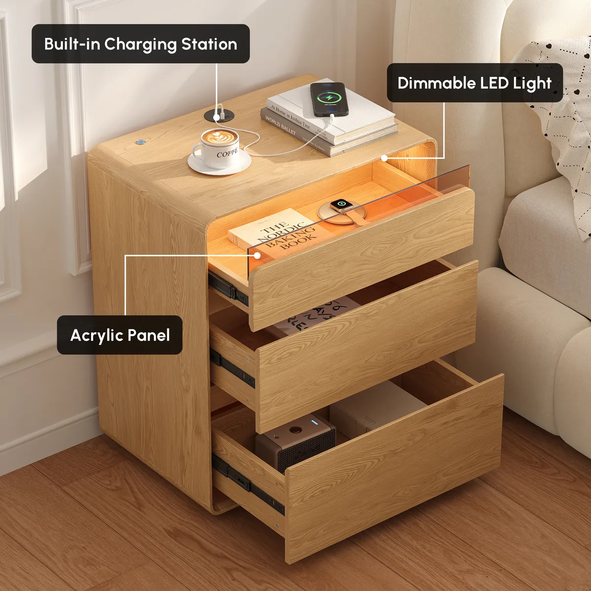 24" Wooden 3-Drawer Smart Nightstand With LED Lighting & Charging Station — image 7