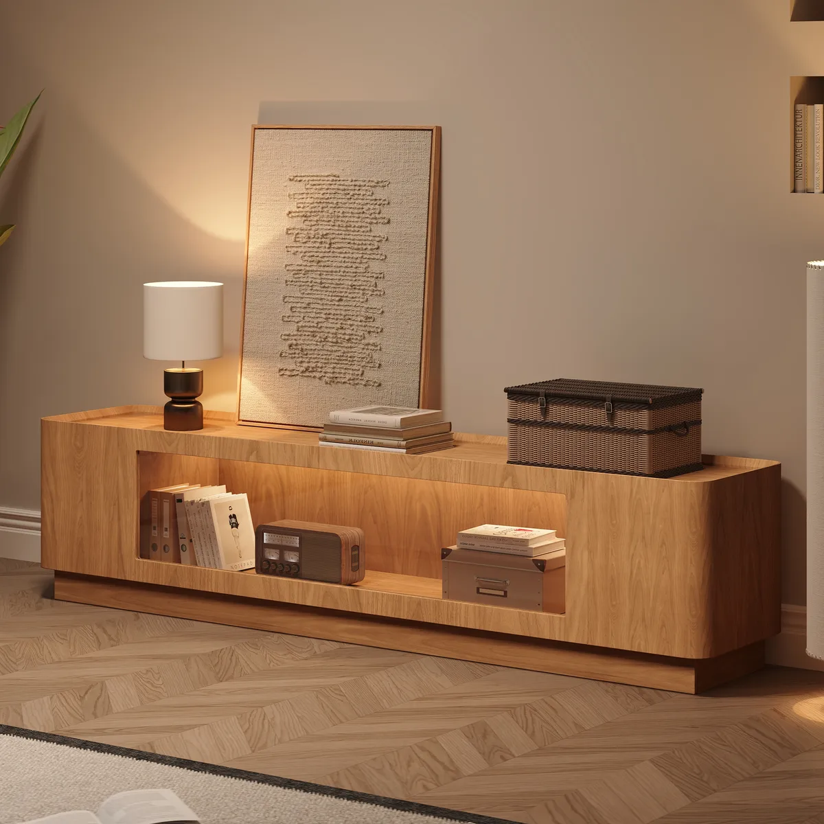 79'' Glass Door TV Stand Mid Century Modern Wood Media Console with Storage & LED