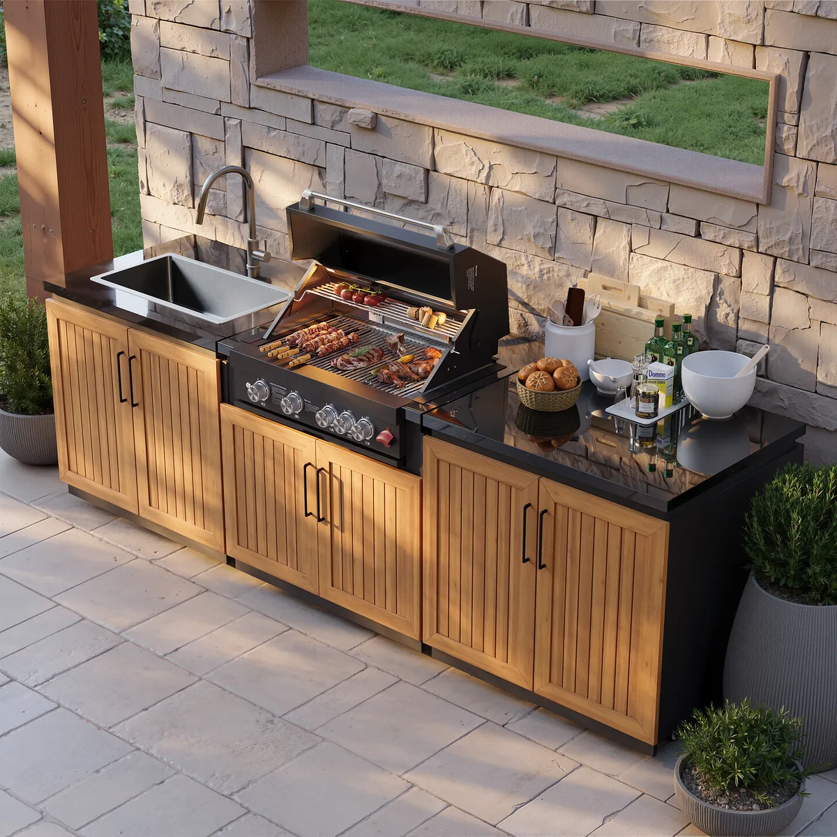 Tevara Modular Outdoor Barbecue Kitchen Cabinet with Propane Gas Grill Stainless Steel Movable BBQ Grilling Island in Black (118" W)