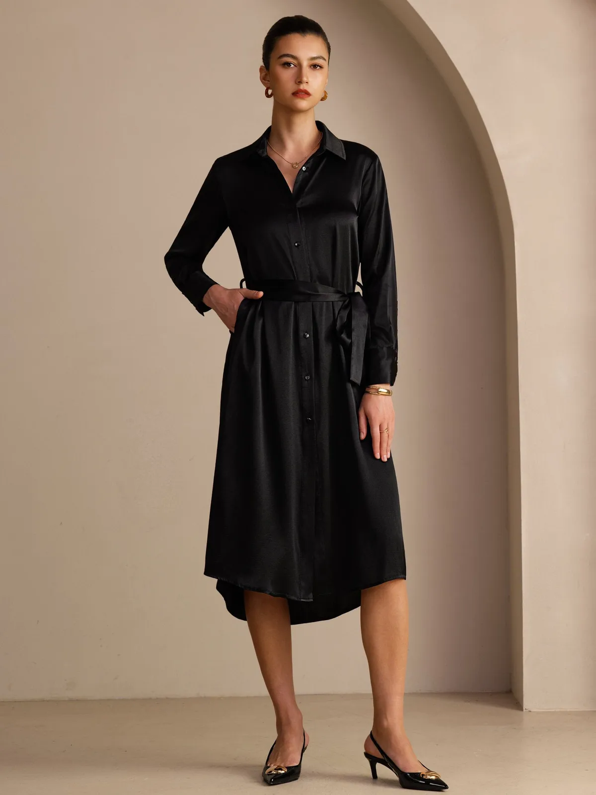 19Momme Silk Long Sleeve Belted Shirt Dress With Side Pockets