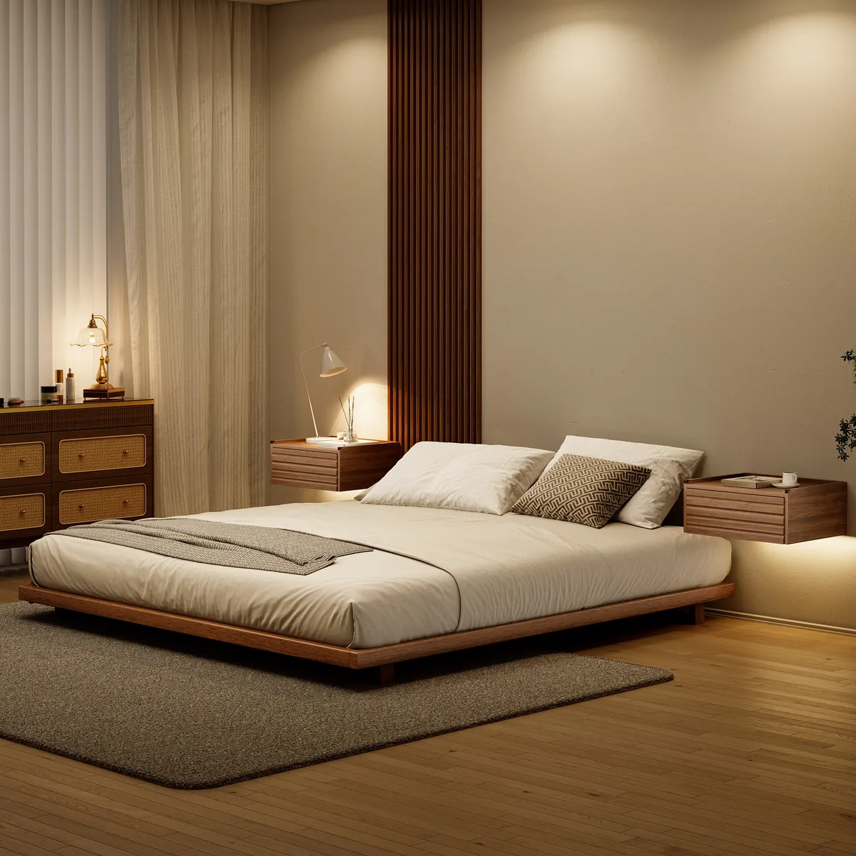 Wooden Floating Nightstand Modern Bedside Table with Charging Station Japanese Style — image 24