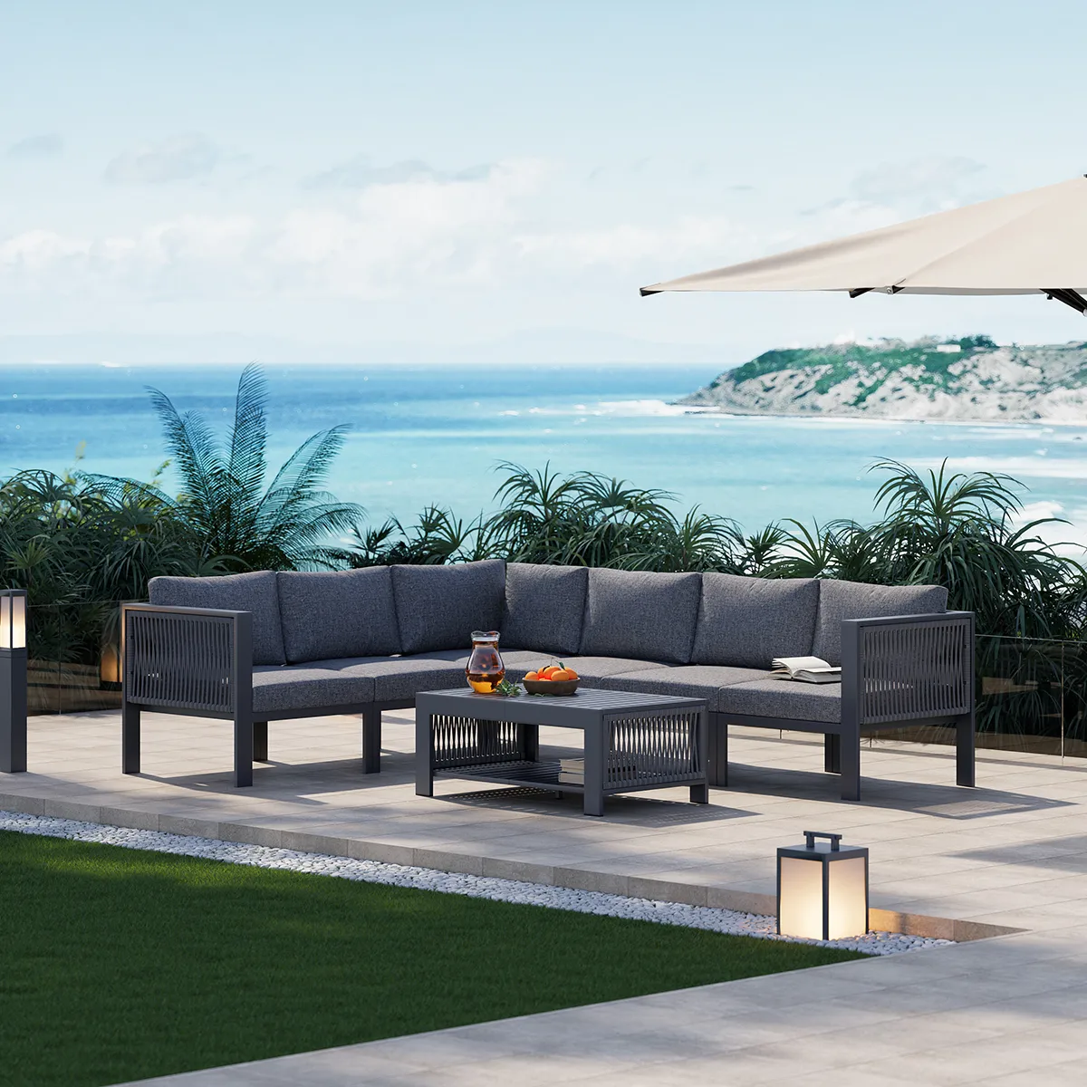 Fencura 7-Piece Outdoor Aluminum & Rope Weave Modular Sectional Set in Dark — image 3
