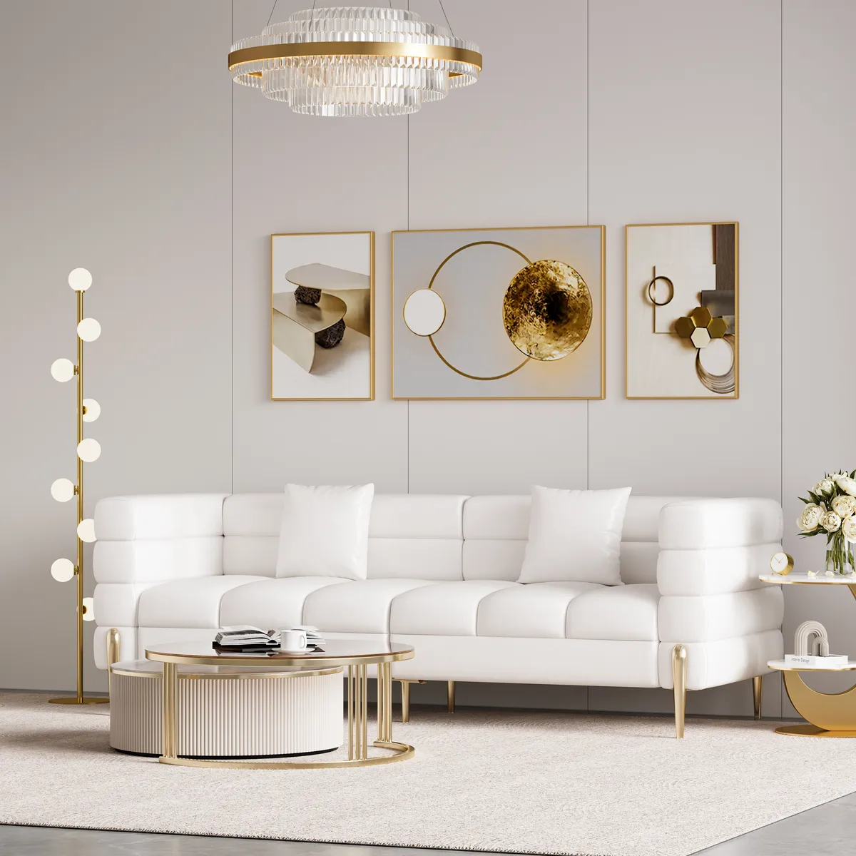 78.7" Modern White Boucle Upholstered Fluted 3-Seater Sofa for Living Room with Pillow White Boucle Accent Chair Modern Modular Armchair — image 23