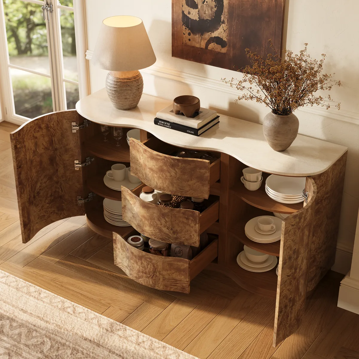 Modern 63" Burl Sideboard with Sintered Stone Top — image 6