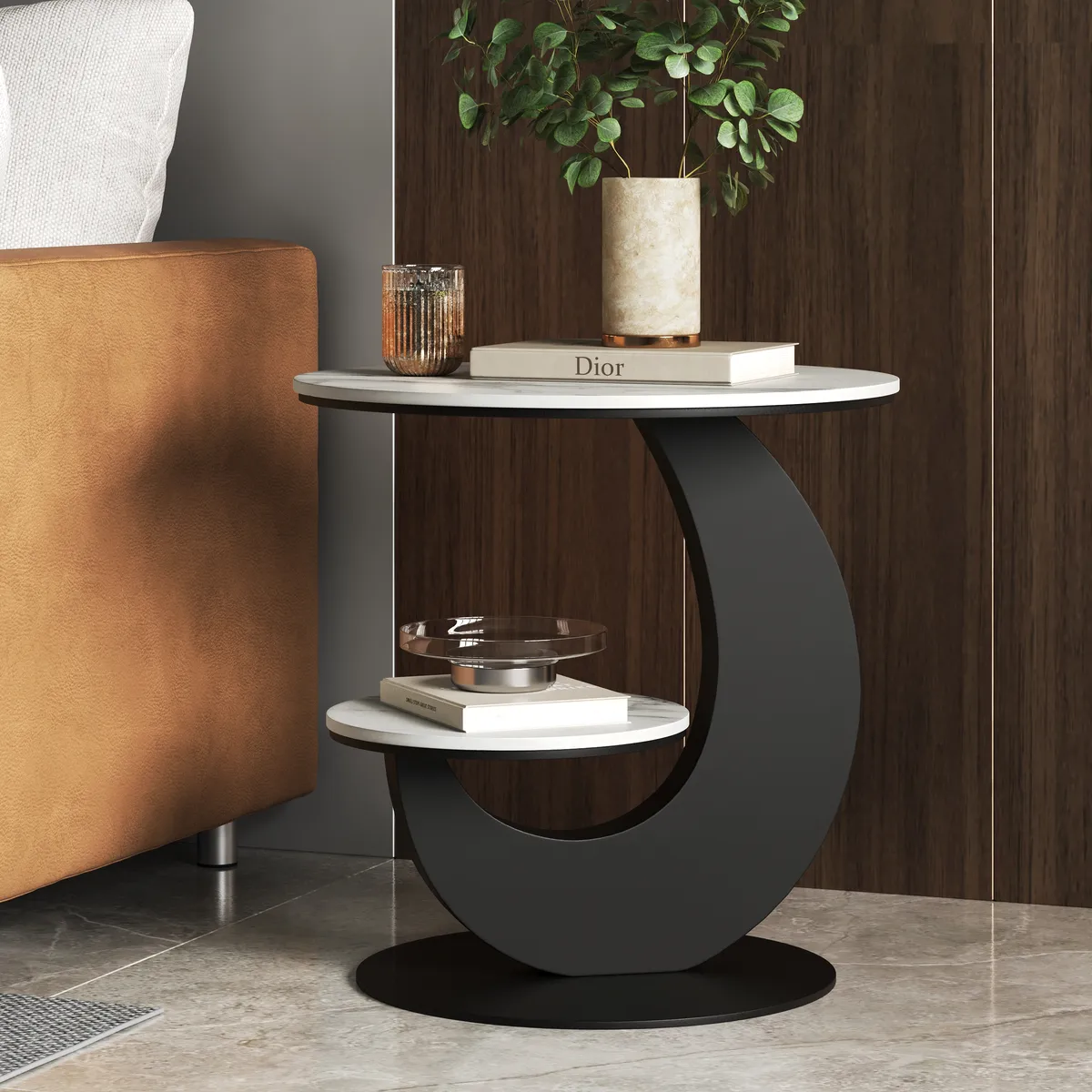 Round Faux Marble 2 Tier End Table Modern White & Gold Side Table — image 21