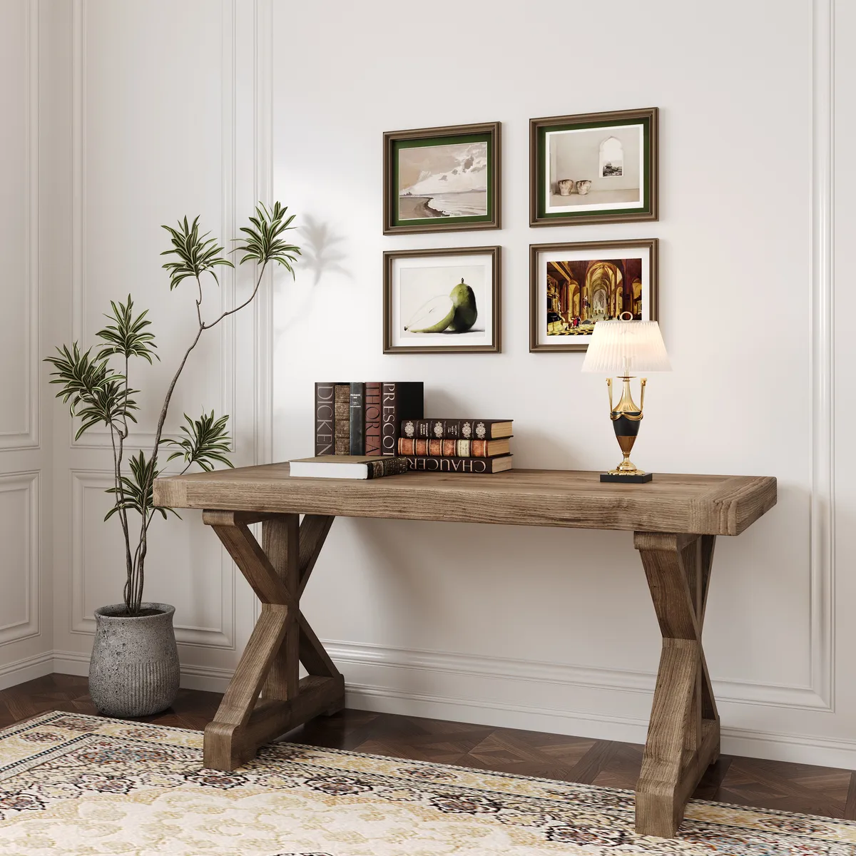 Vintage Style Pine wood Office Writing Desk with Trestle Leg in Natural Farmhouse Home Office Furniture Rectangular — image 4