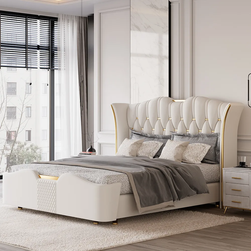King Size Upholstered Leather Bed Frame with Tufted Wingback Headboard — image 4