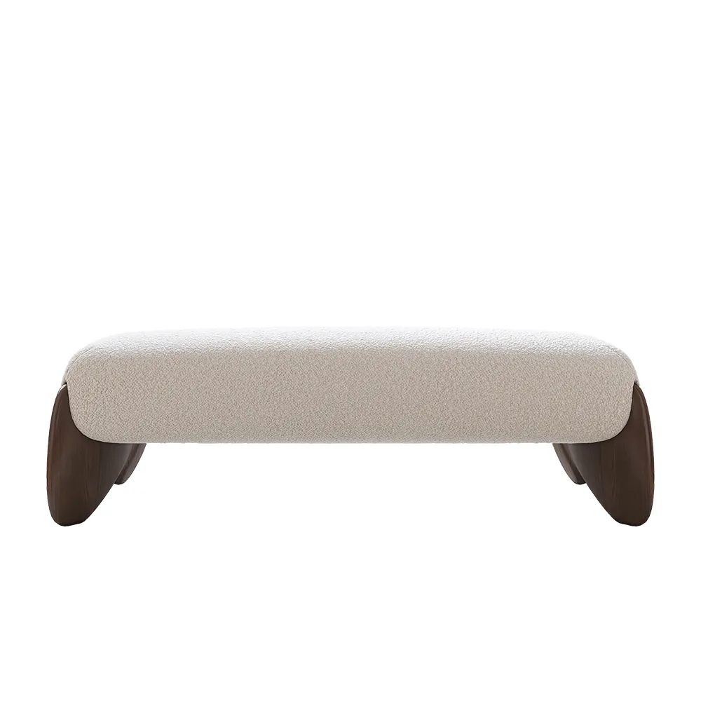 Modern White Boucle Bedroom Bench Upholstered Long Bench with Wood Legs — image 6