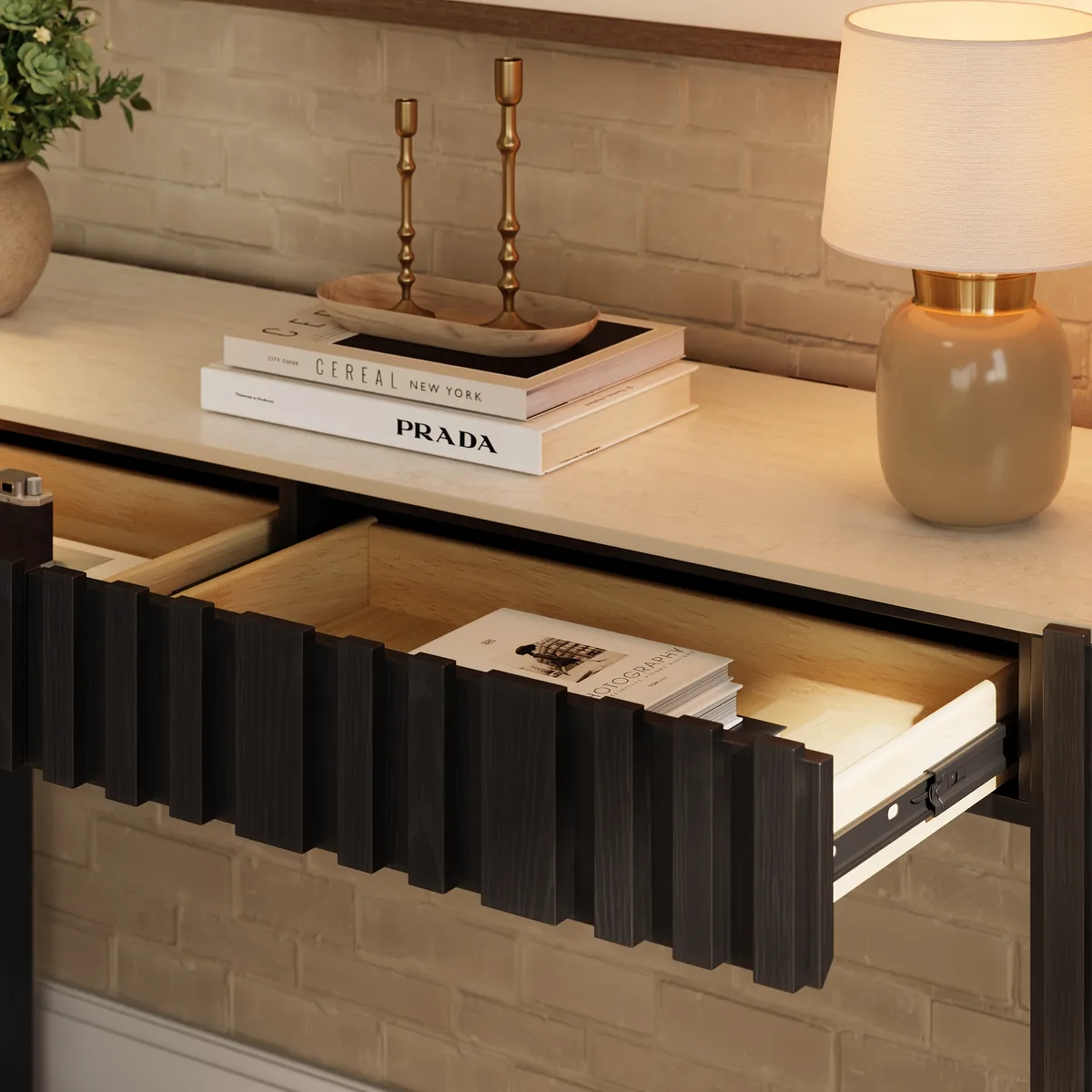 Aura 60" Ash Wood Fluted Black Console Table With Sintered Stone Top — image 8