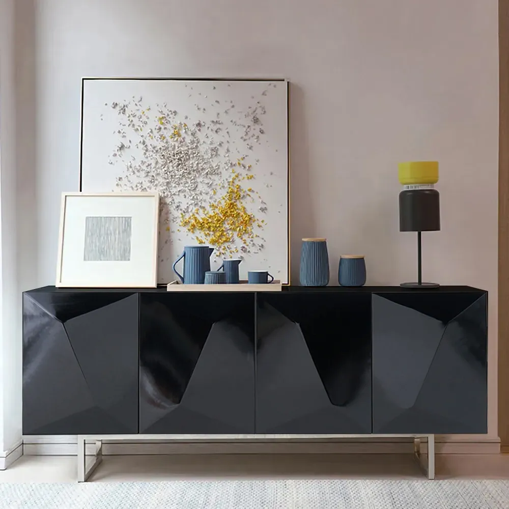 71" Modern Black Buffet Sideboard Kitchen Cabinet with 4 Doors Adjustable Shelves — image 4