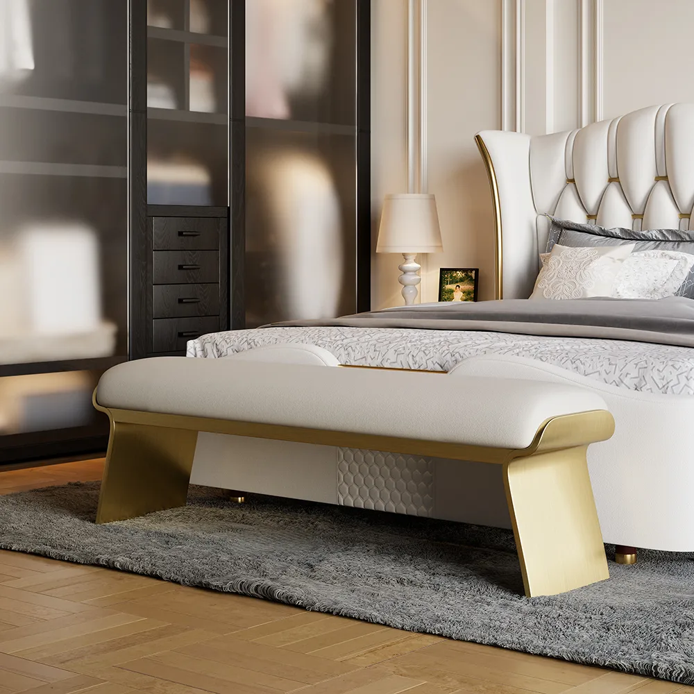 Beige Modern Stainless Steel Bench Leath-Aire Upholstered Bedroom