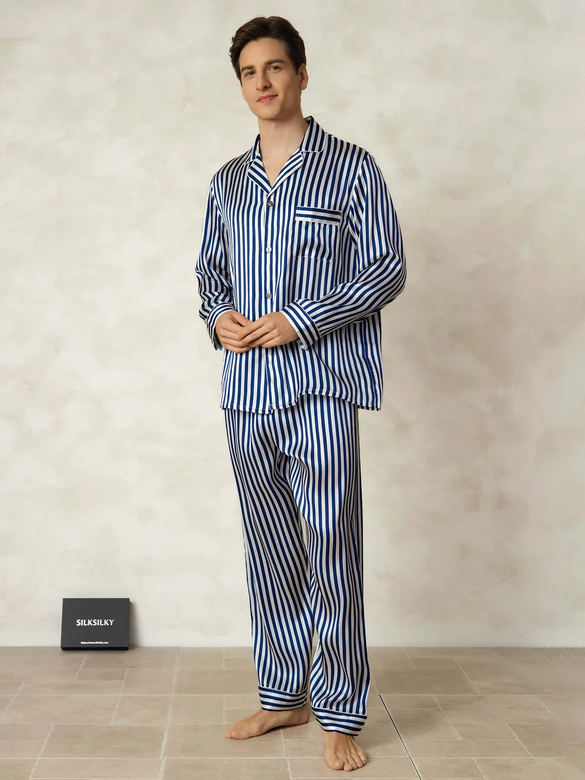 Men's 100% Mulberry Silk Stripe Print Long Sleeve Lapel Collar Pajamas Set — image 3