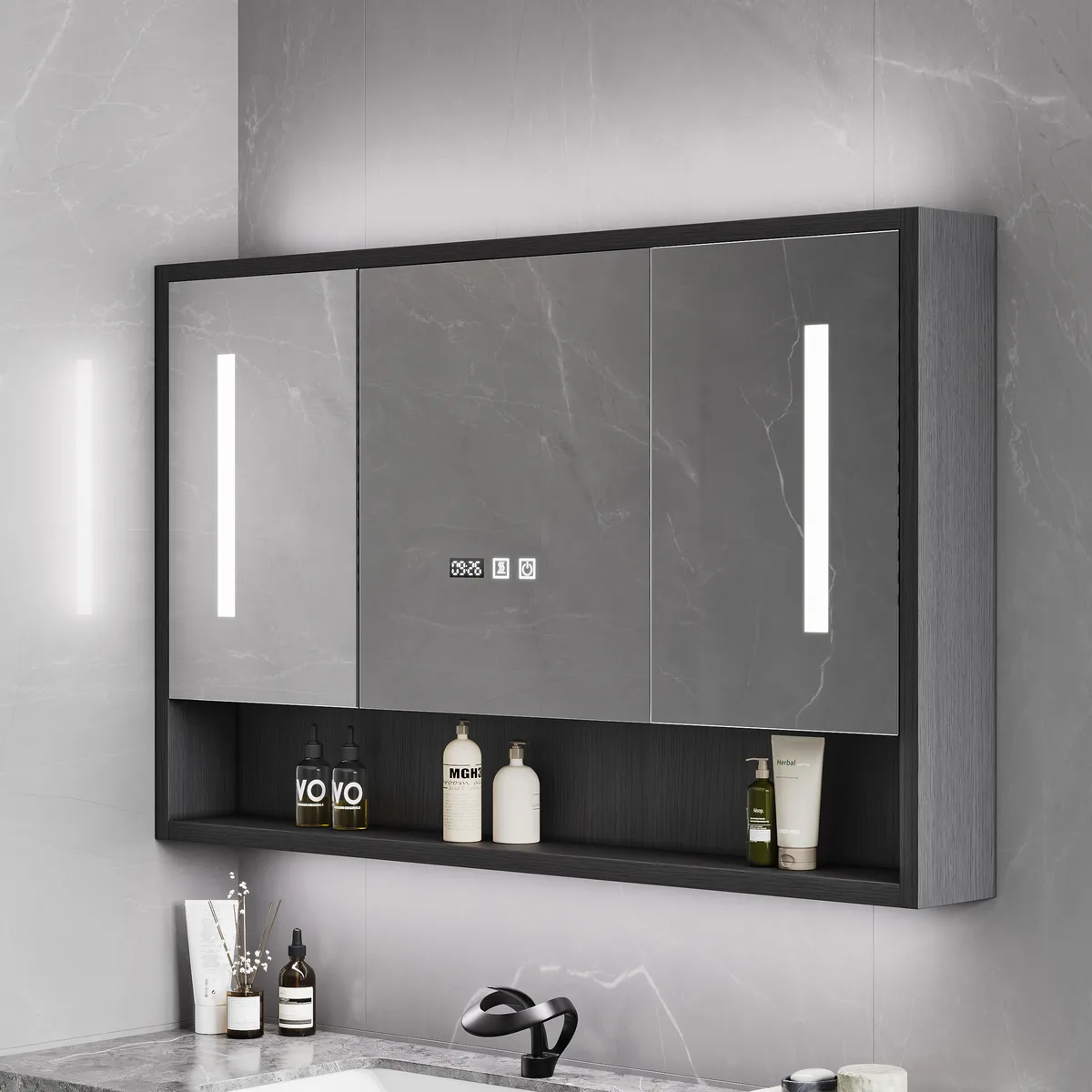 39" Black LED Medicine Cabinet with Adjustable Lighting, Demister & Digital Clock — image 10